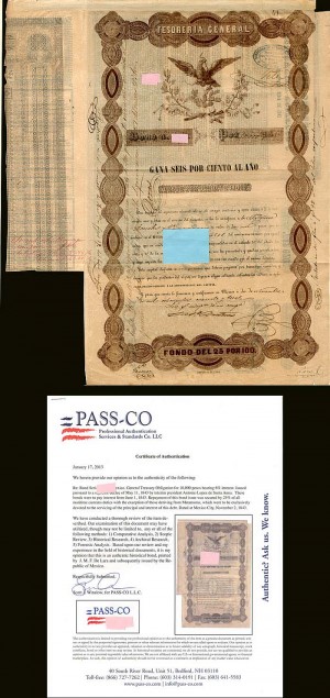 "Black Eagle" - 1843 dated 10,000 Pesos Tesoreria General Mexican Bond - Mexico - PRICE UPON REQUEST